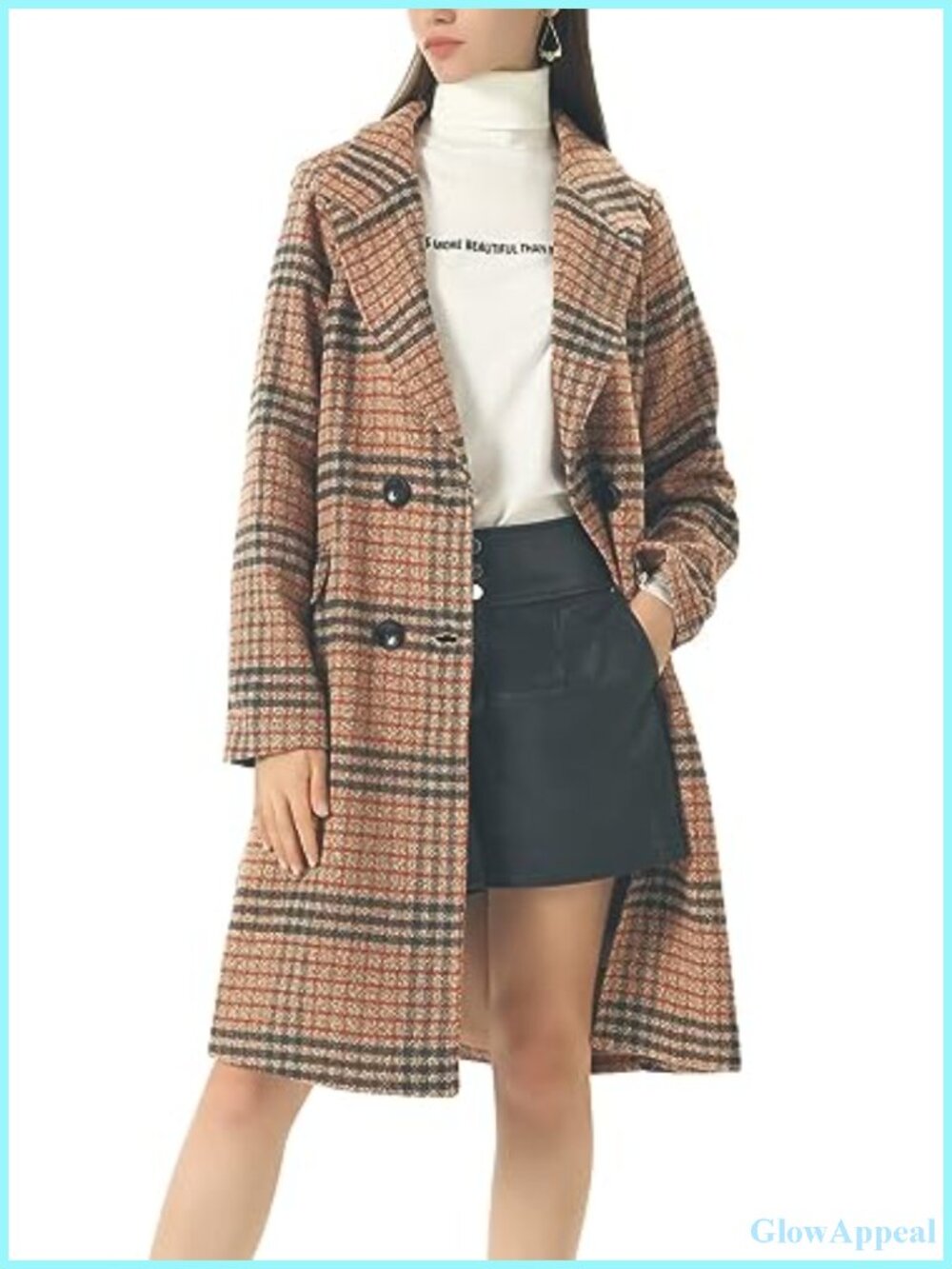 Classic Notched Collar Double Breasted Plaid Wool Blend Long Trench Coat
